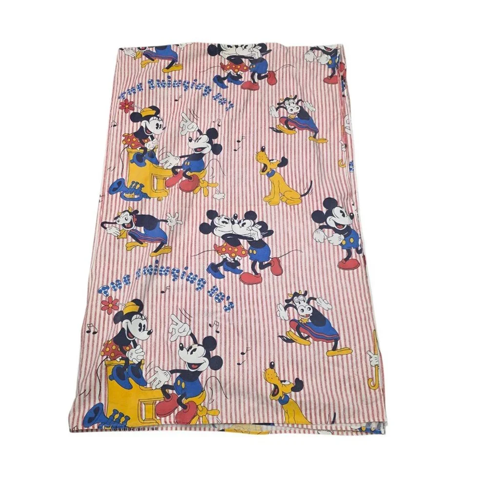 DISNEY mickey Minnie vintage The Swinging 30's Striped Flat Sheet 52 X 80in Appr